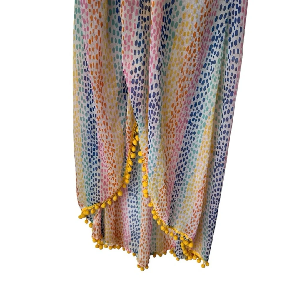 America & Beyond Pastel Multicolor Crochet Swim Coverup with Pom Trim, Large